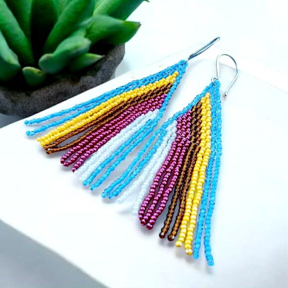 Retro Beaded Fringe Cascade Dangle Earrings, Boho Statement Artisan, 3.5" - Picture 1 of 6